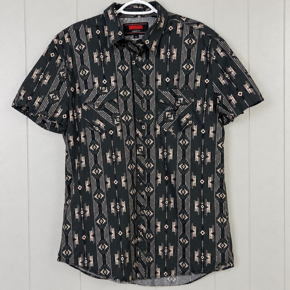 Rock & Roll Denim Mens XL Black Aztec Western Pearl Snap Short Sleeve Shirt